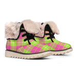 Pink Green And White Tartan Print Winter Boots