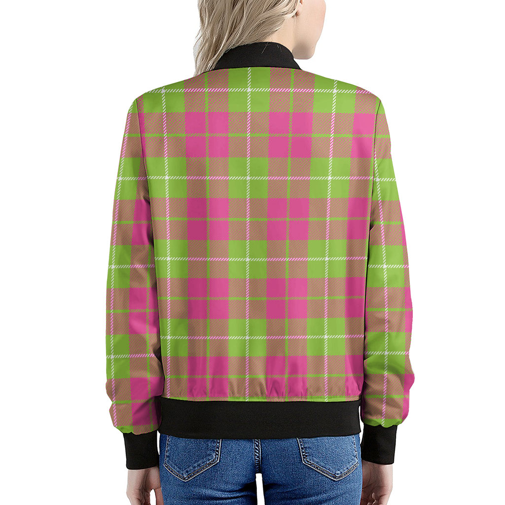 Pink Green And White Tartan Print Women's Bomber Jacket