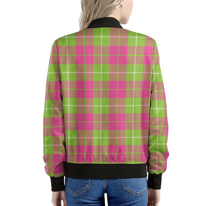 Pink Green And White Tartan Print Women's Bomber Jacket