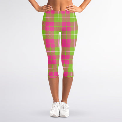 Pink Green And White Tartan Print Women's Capri Leggings