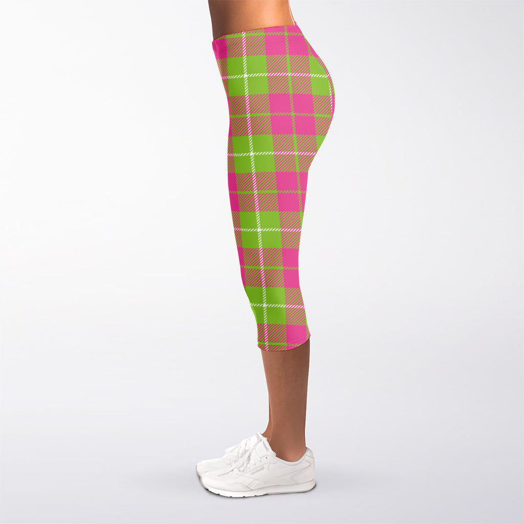 Pink Green And White Tartan Print Women's Capri Leggings