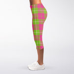 Pink Green And White Tartan Print Women's Capri Leggings