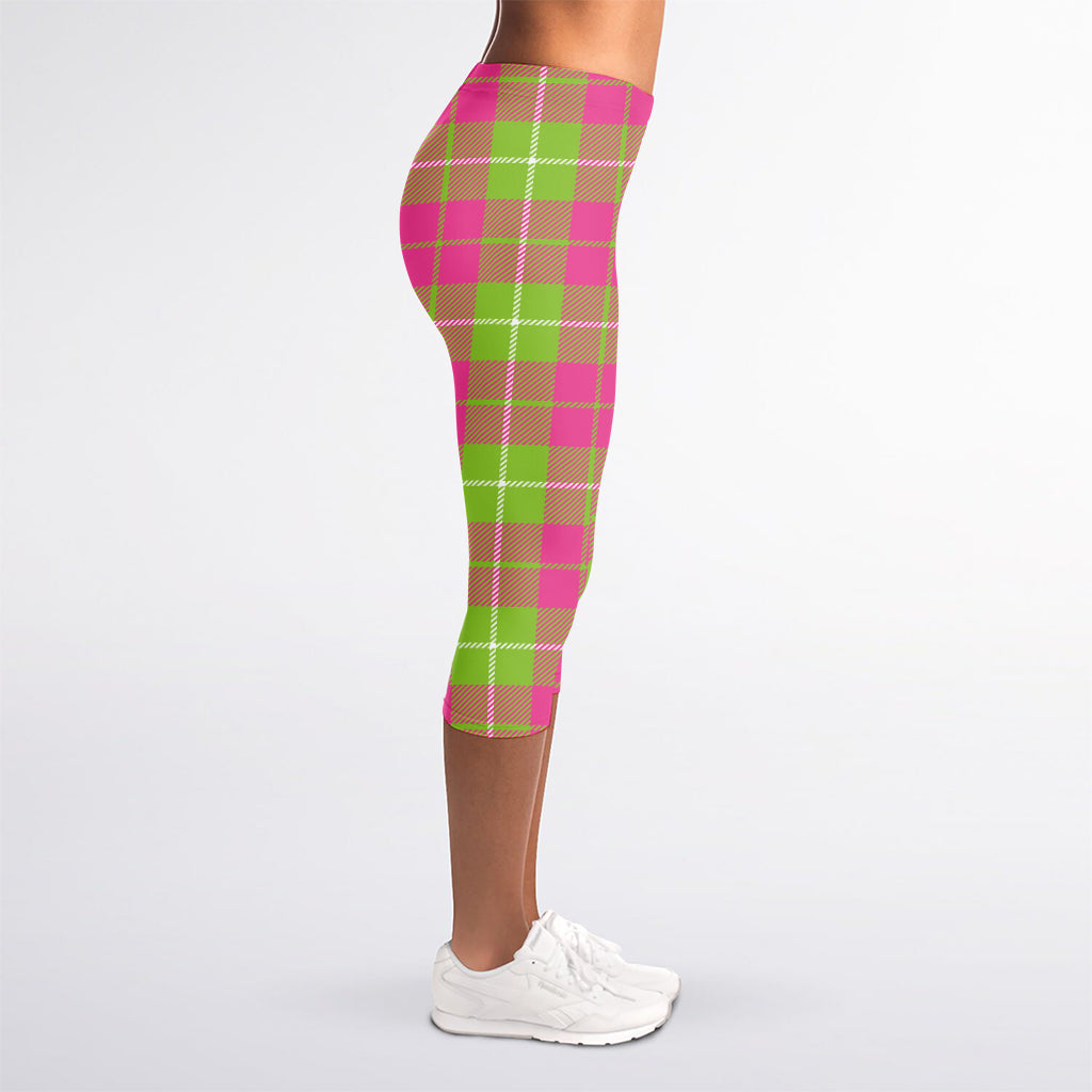 Pink Green And White Tartan Print Women's Capri Leggings