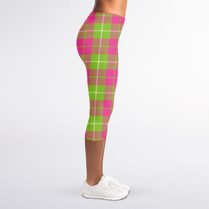 Pink Green And White Tartan Print Women's Capri Leggings