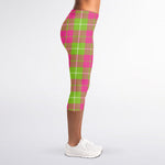 Pink Green And White Tartan Print Women's Capri Leggings