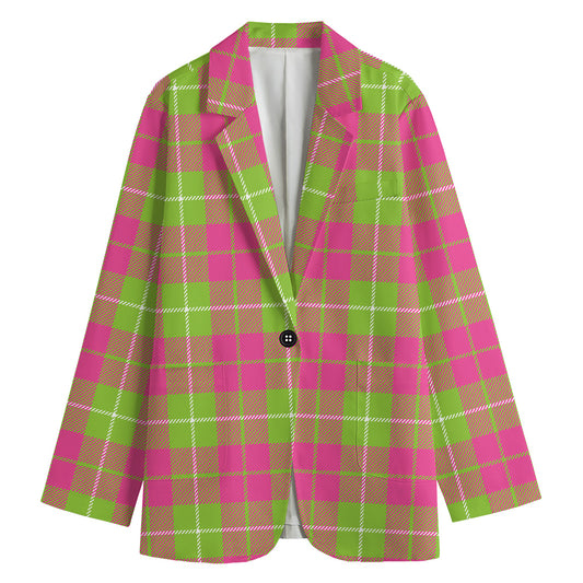 Pink Green And White Tartan Print Women's Cotton Blazer