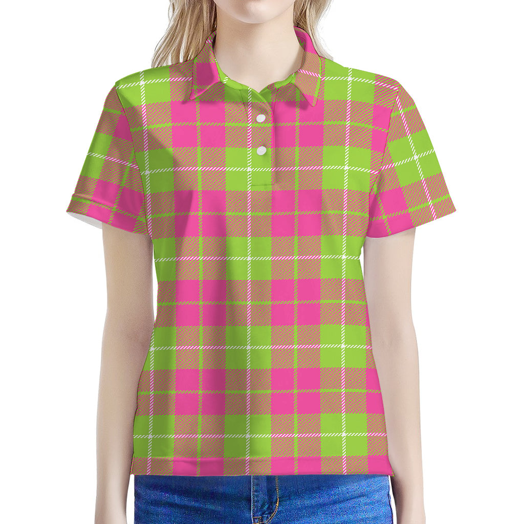 Pink Green And White Tartan Print Women's Polo Shirt