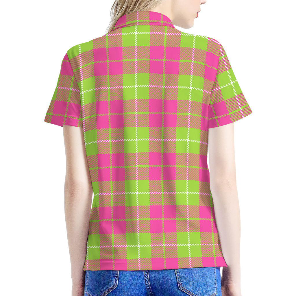 Pink Green And White Tartan Print Women's Polo Shirt