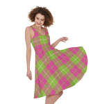 Pink Green And White Tartan Print Women's Sleeveless Dress