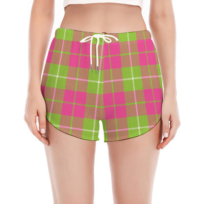 Pink Green And White Tartan Print Women's Split Running Shorts