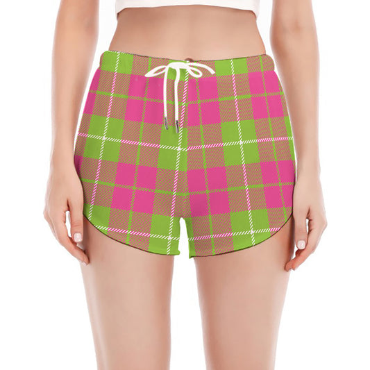 Pink Green And White Tartan Print Women's Split Running Shorts