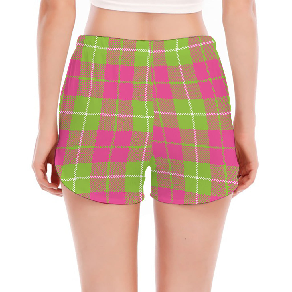 Pink Green And White Tartan Print Women's Split Running Shorts