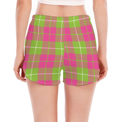 Pink Green And White Tartan Print Women's Split Running Shorts