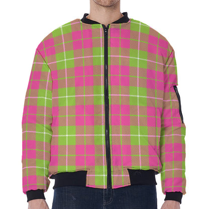 Pink Green And White Tartan Print Zip Sleeve Bomber Jacket