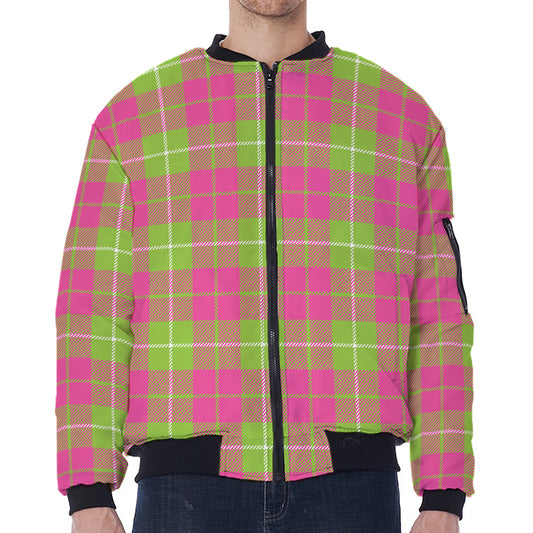 Pink Green And White Tartan Print Zip Sleeve Bomber Jacket