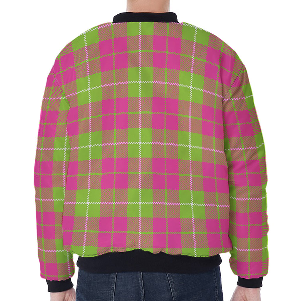 Pink Green And White Tartan Print Zip Sleeve Bomber Jacket