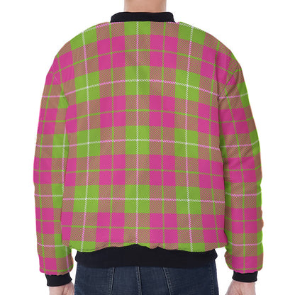 Pink Green And White Tartan Print Zip Sleeve Bomber Jacket