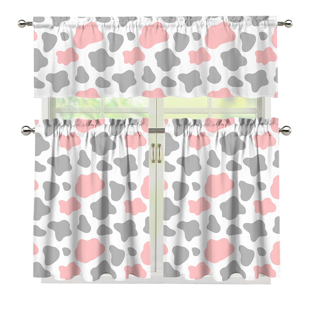 Pink Grey And White Cow Print 3 Piece Kitchen Curtains