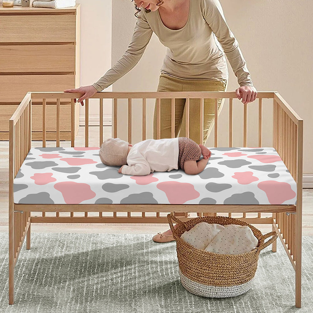 Pink Grey And White Cow Print Baby Crib Sheet