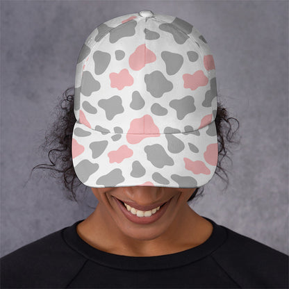 Pink Grey And White Cow Print Baseball Cap