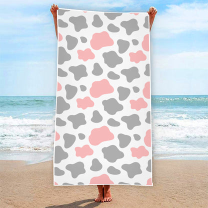 Pink Grey And White Cow Print Beach Towel