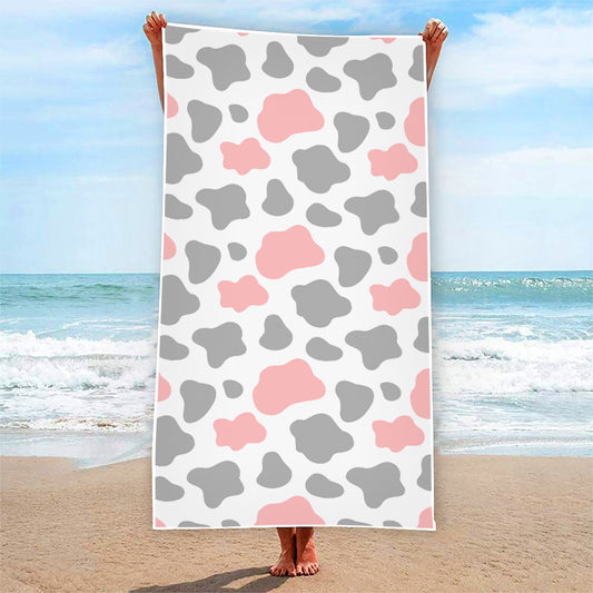 Pink Grey And White Cow Print Beach Towel