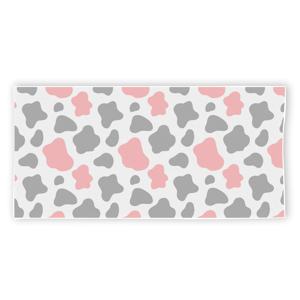 Pink Grey And White Cow Print Beach Towel