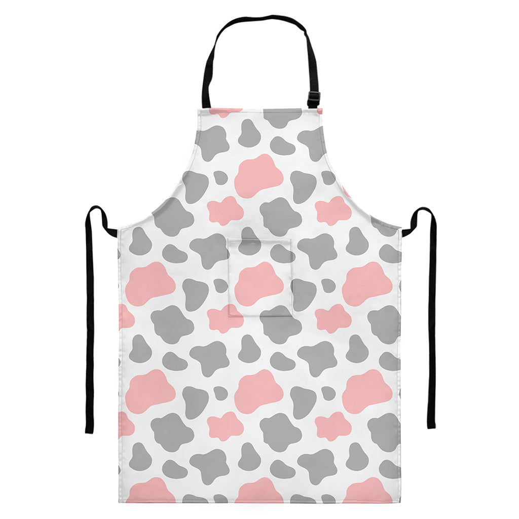 Pink Grey And White Cow Print Bib Apron With Pocket