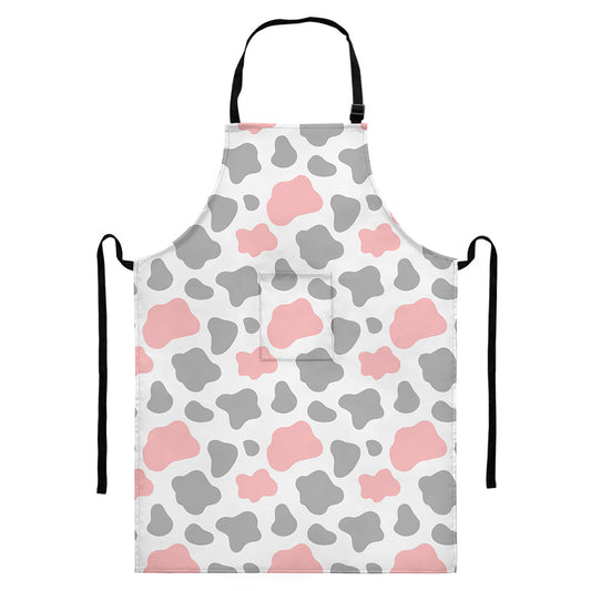 Pink Grey And White Cow Print Bib Apron With Pocket