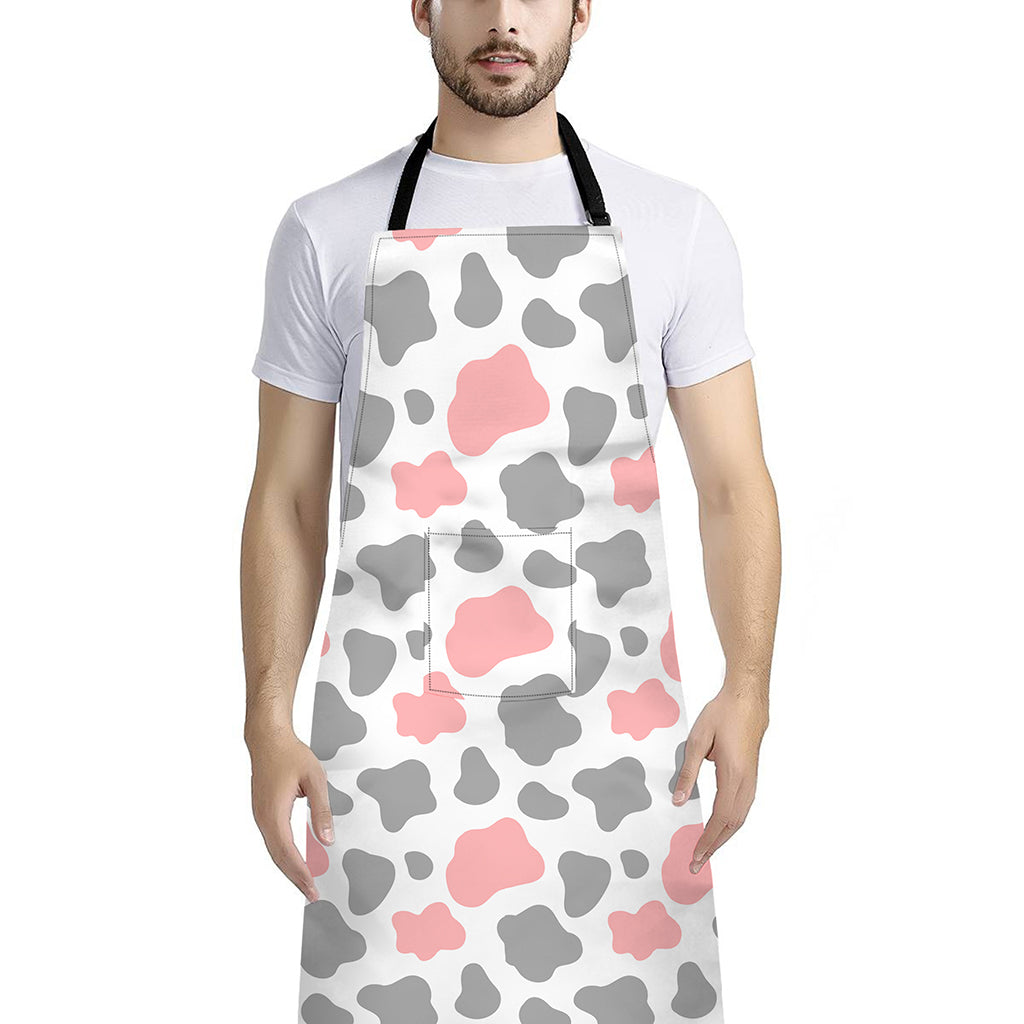 Pink Grey And White Cow Print Bib Apron With Pocket