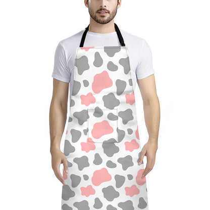 Pink Grey And White Cow Print Bib Apron With Pocket