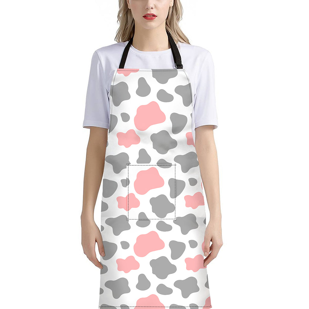 Pink Grey And White Cow Print Bib Apron With Pocket
