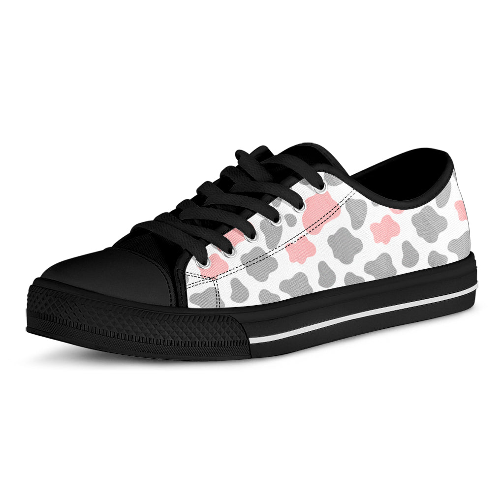 Pink Grey And White Cow Print Black Low Top Sneakers