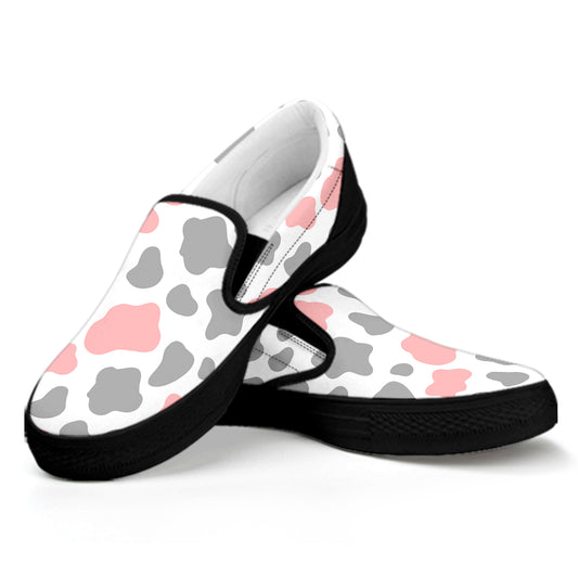 Pink Grey And White Cow Print Black Slip On Sneakers