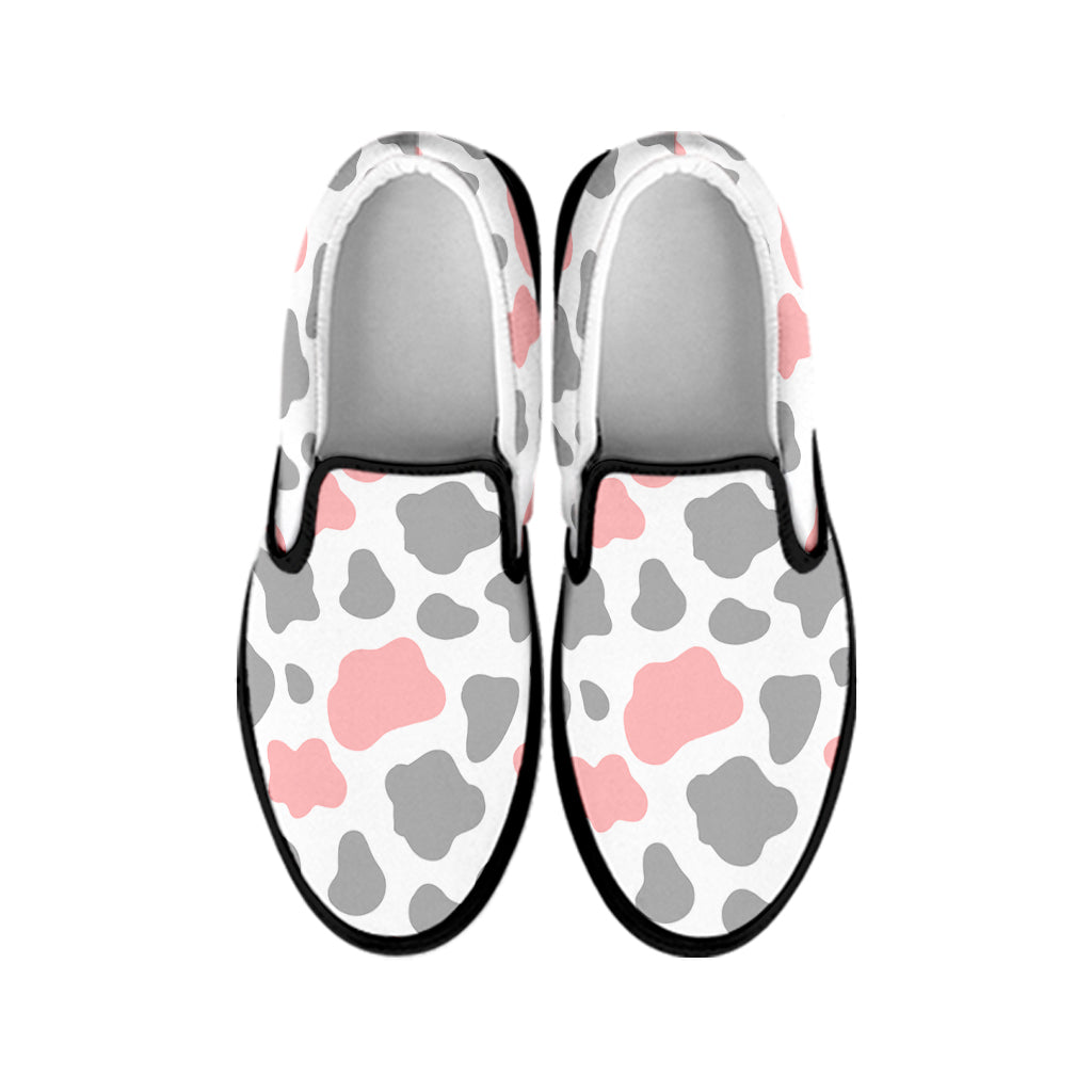 Pink Grey And White Cow Print Black Slip On Sneakers