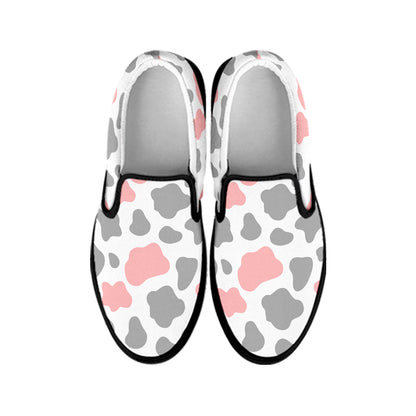 Pink Grey And White Cow Print Black Slip On Sneakers