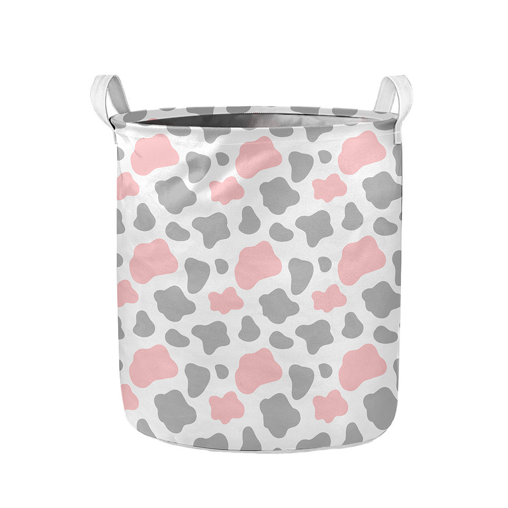 Pink Grey And White Cow Print Collapsible Laundry Basket
