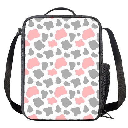 Pink Grey And White Cow Print Crossbody Lunch Bag