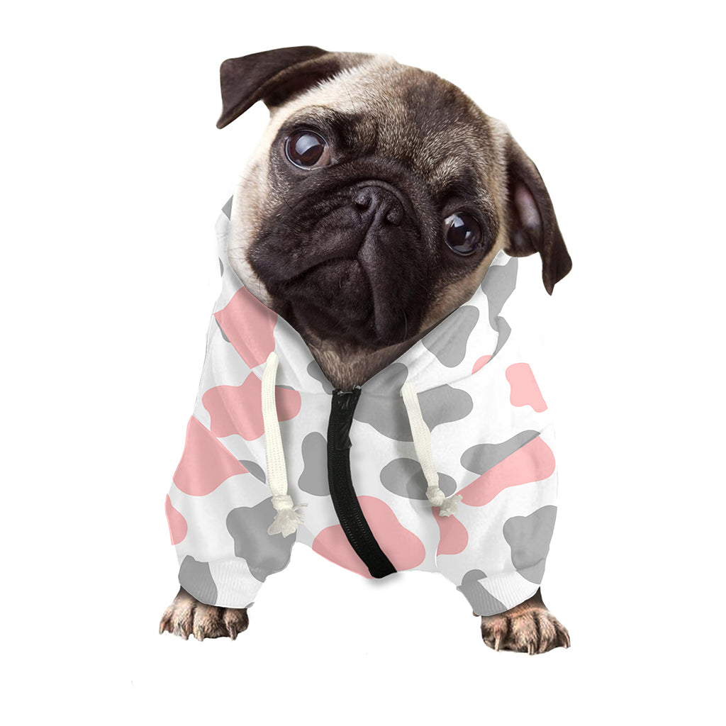 Pink Grey And White Cow Print Dog Zip Up Hoodie