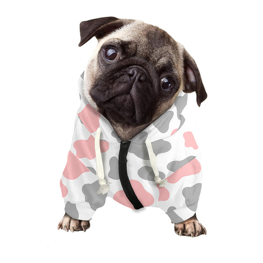 Pink Grey And White Cow Print Dog Zip Up Hoodie