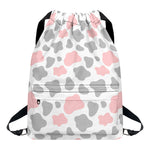 Pink Grey And White Cow Print Drawstring Backpack