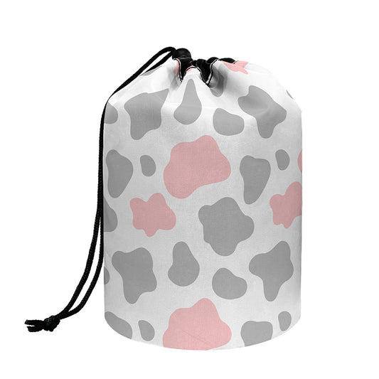 Pink Grey And White Cow Print Drawstring Makeup Bag