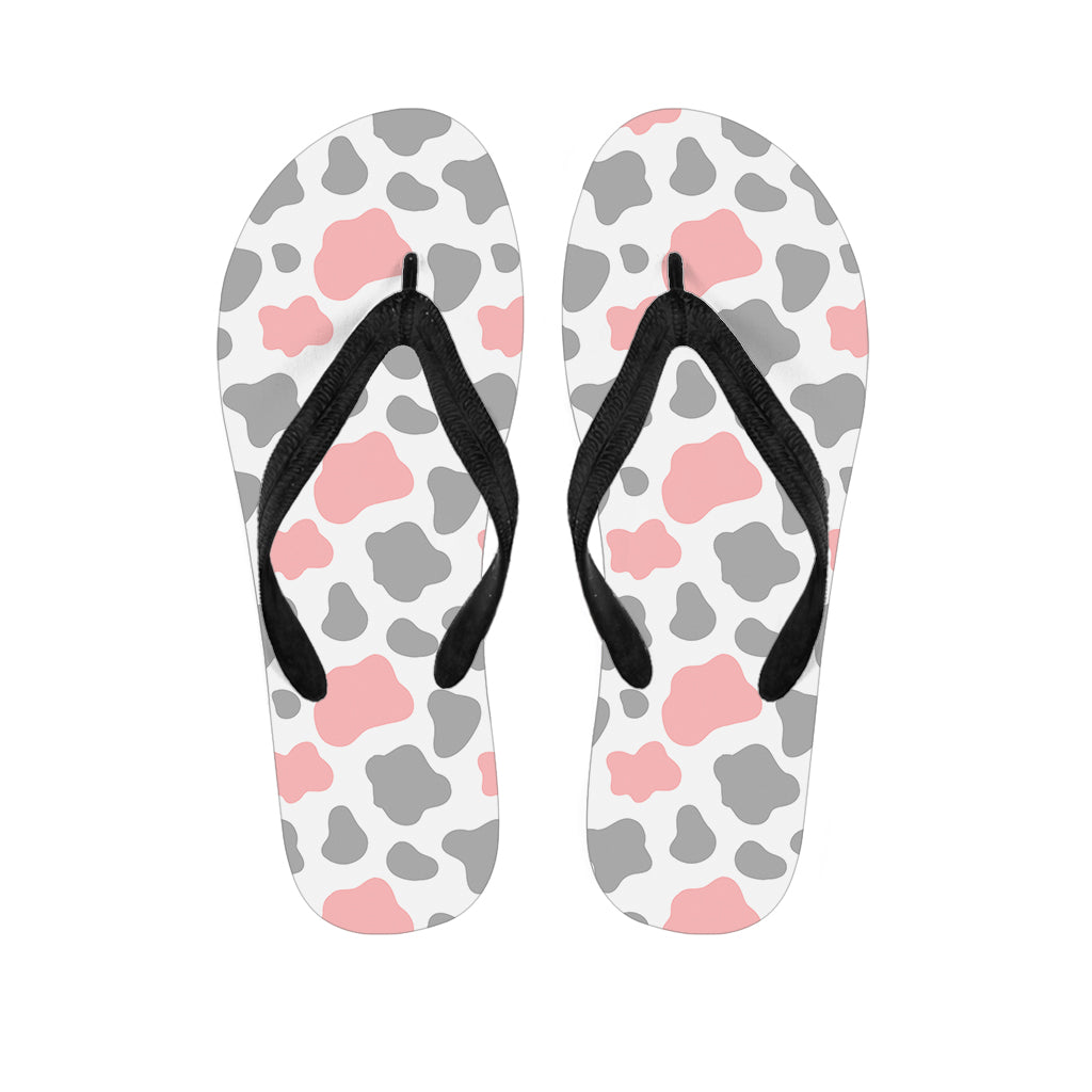 Pink Grey And White Cow Print Flip Flops