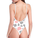 Pink Grey And White Cow Print High Cut One Piece Swimsuit