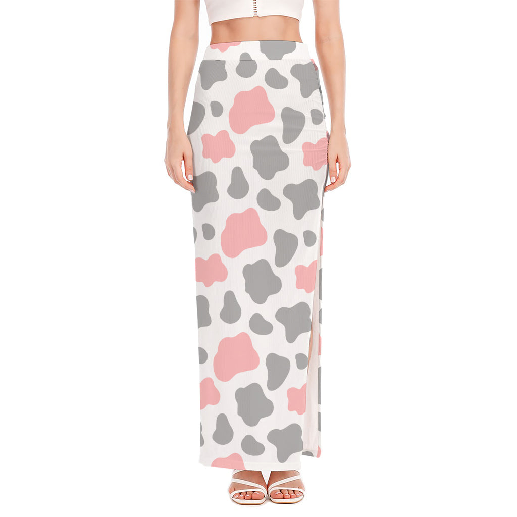 Pink Grey And White Cow Print High Slit Maxi Skirt