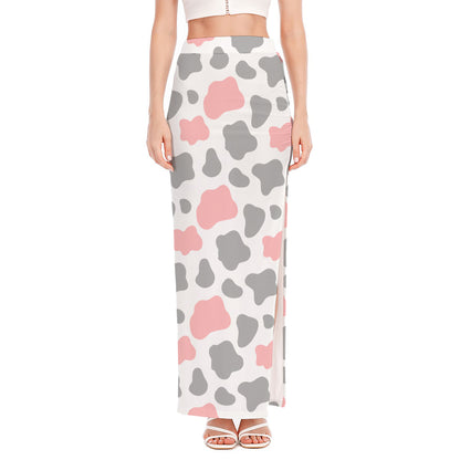 Pink Grey And White Cow Print High Slit Maxi Skirt