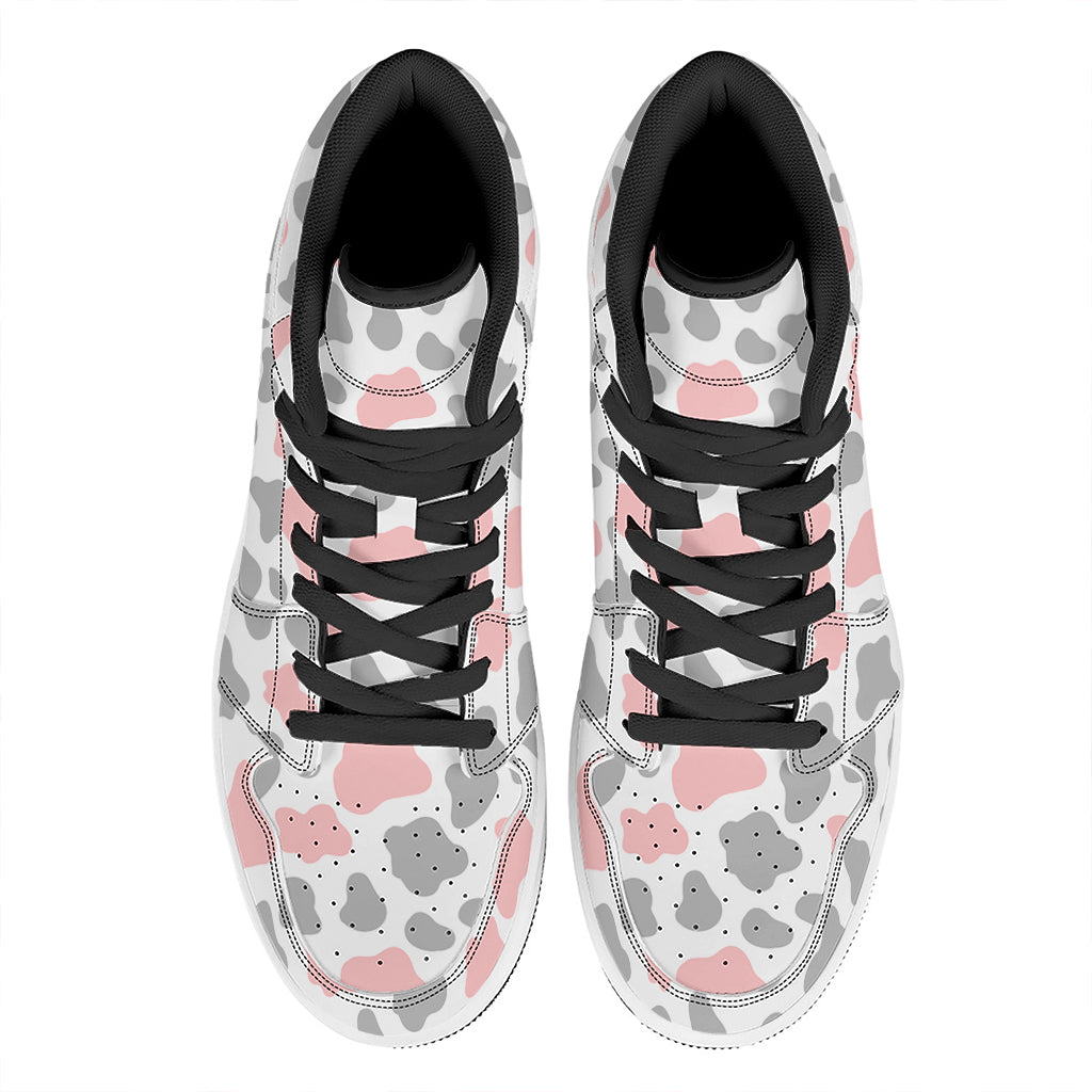 Pink Grey And White Cow Print High Top Leather Sneakers