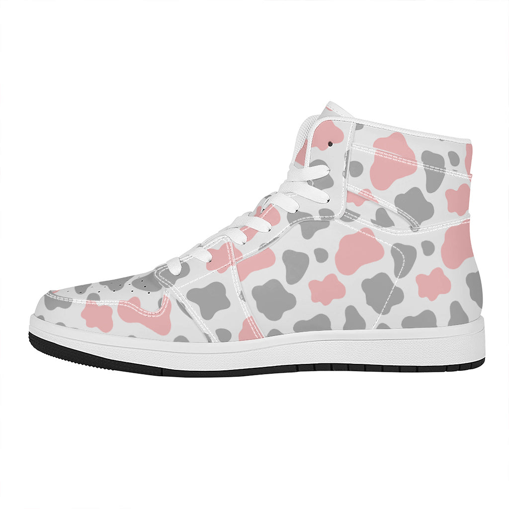 Pink Grey And White Cow Print High Top Leather Sneakers
