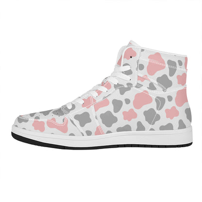 Pink Grey And White Cow Print High Top Leather Sneakers