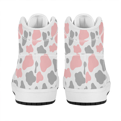 Pink Grey And White Cow Print High Top Leather Sneakers
